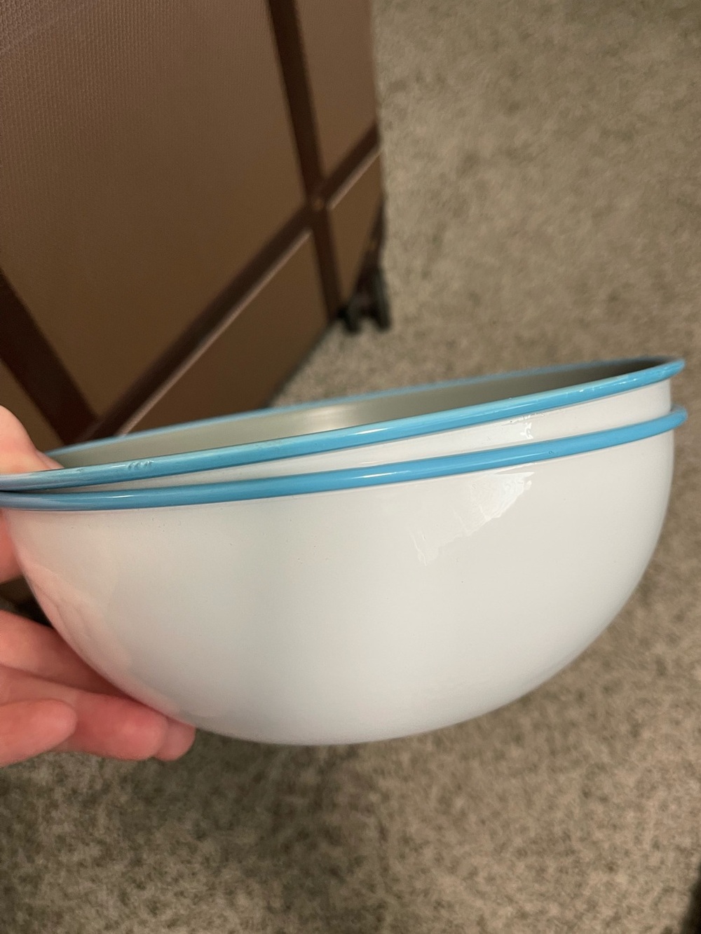 White Enamel Nesting Bowls with Blue Rim - Set of 2